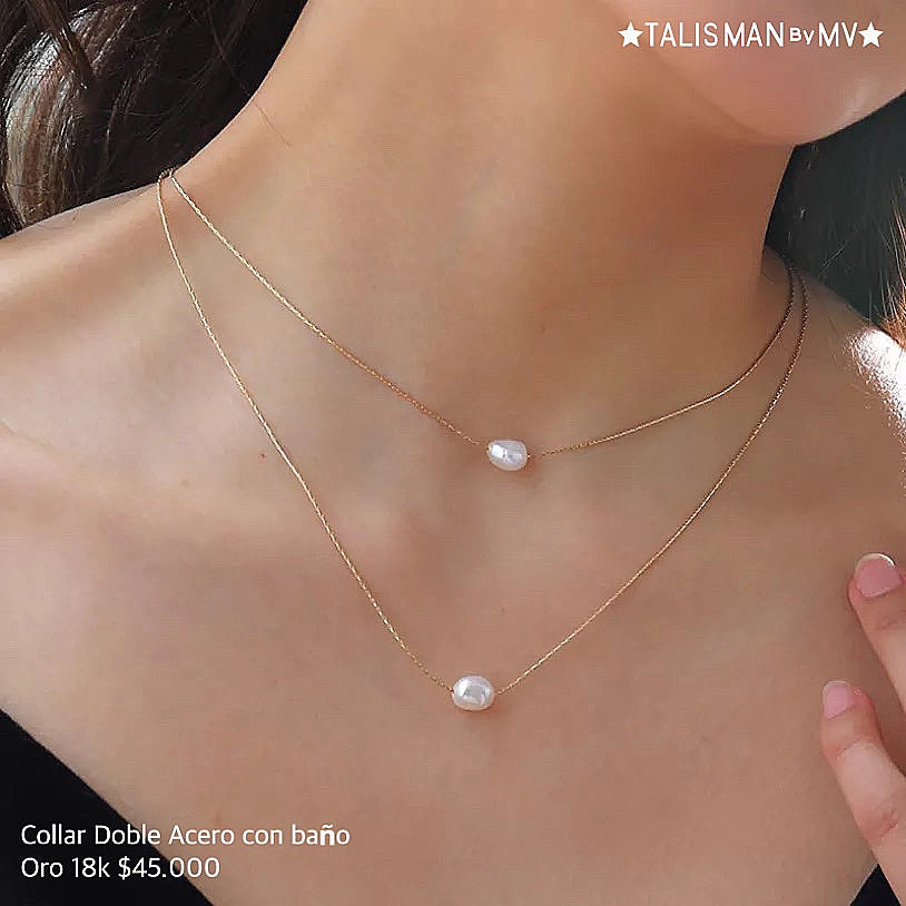 Collar Doble Acero con baño Oro 18k