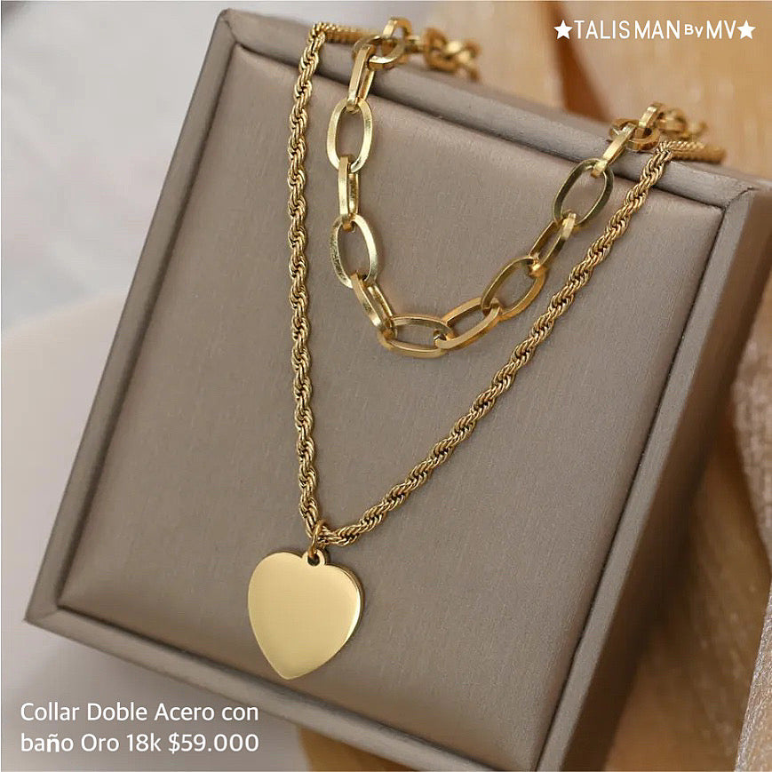 Collar doble acero con baño oro 18k
