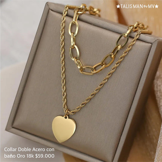Collar doble acero con baño oro 18k