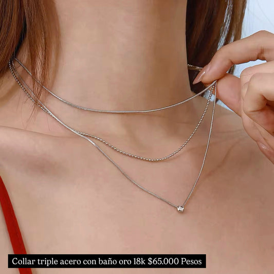 Collar triple acero con baño oro 18k