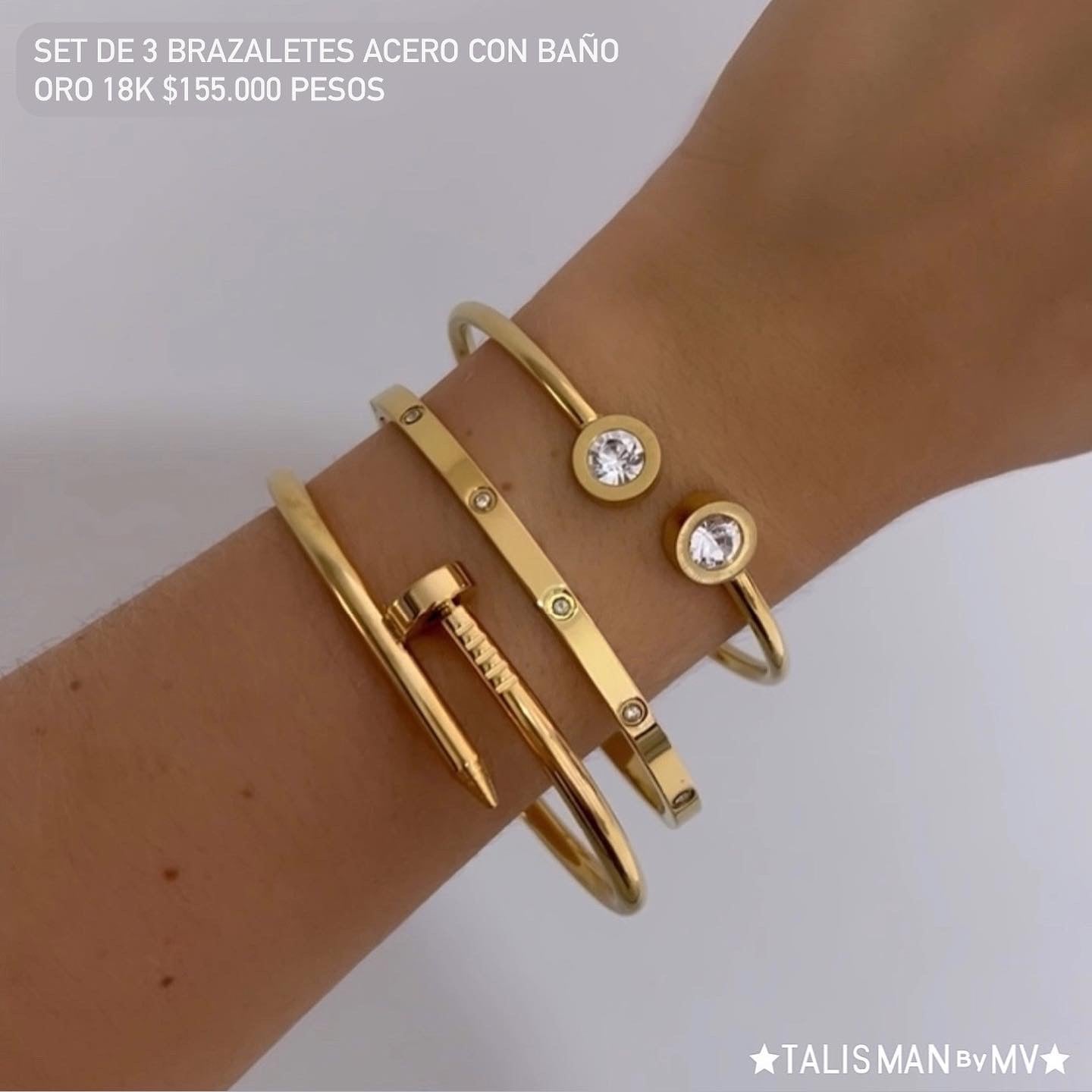 Set de 3 brazaletes acero con baño oro 18k