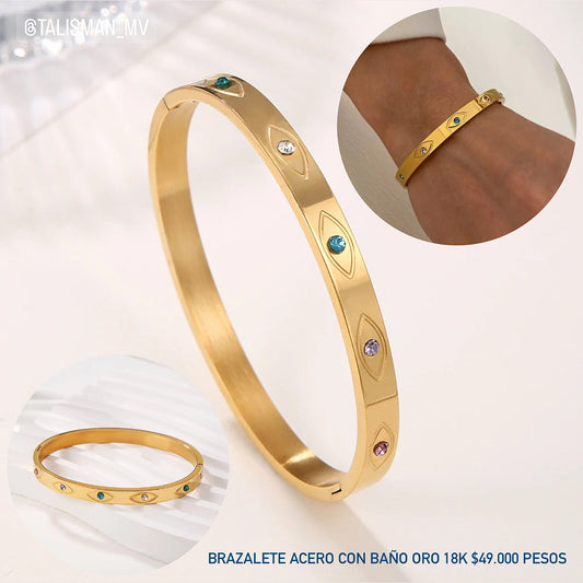 Brazalete acero con baño oro 18k