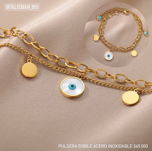 Pulsera doble acero con baño oro 18k