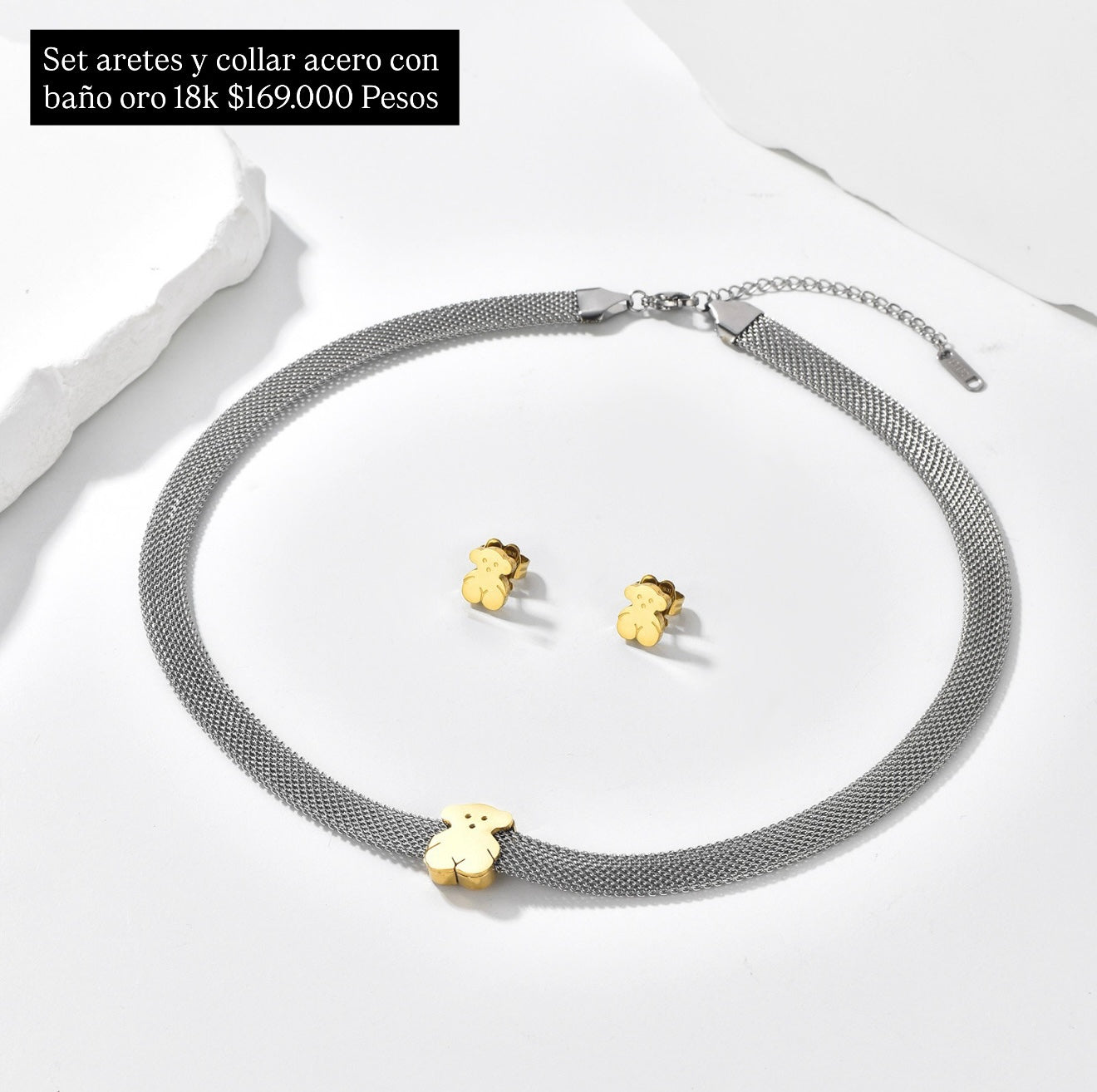 Set aretes y collar acero con baño oro 18k
