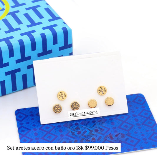 Set 3 pares aretes acero con baño oro 18k