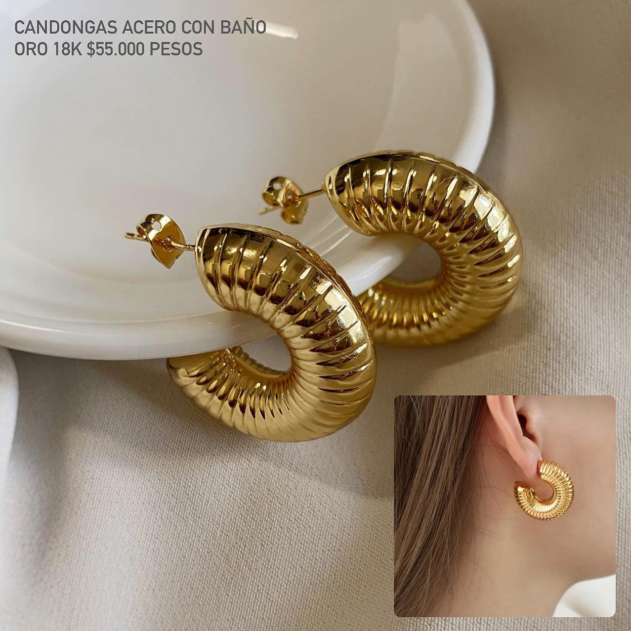 Candongas acero con baño oro 18k
