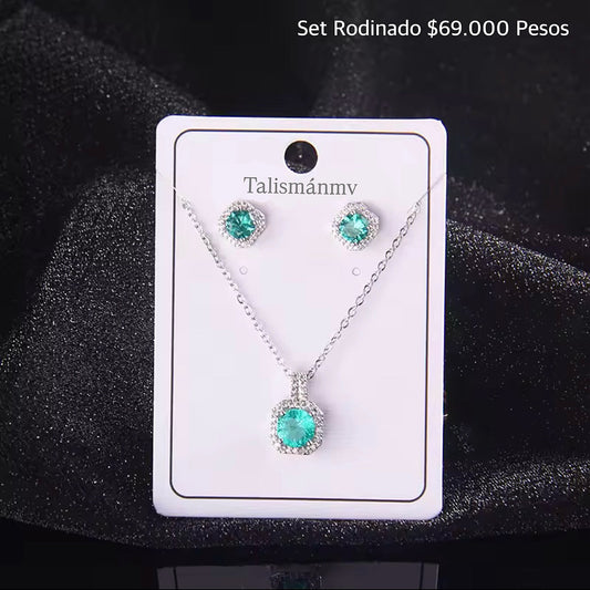 Set aretes y collar rodinado con zircones