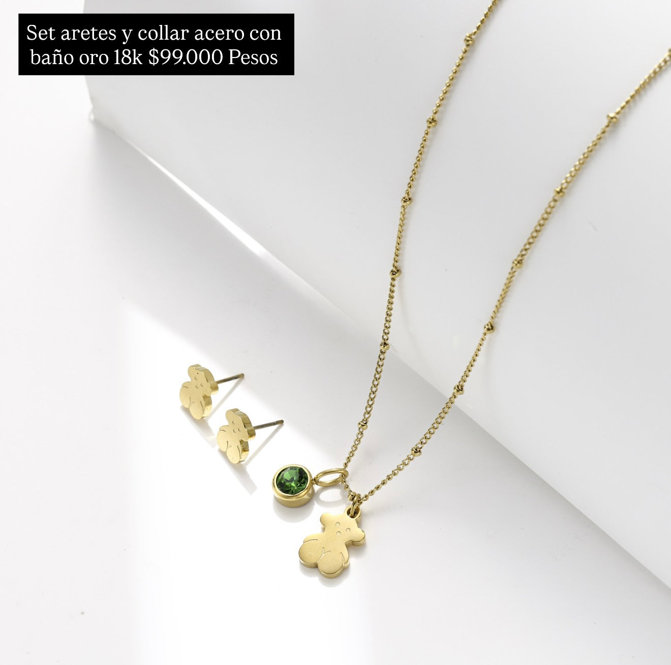 Set aretes y collar acero con baño oro 18k