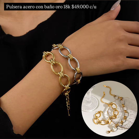 Pulsera acero con baño oro 18k