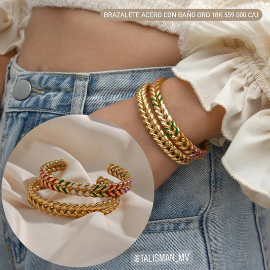 Brazalete acero con baño oro 18k