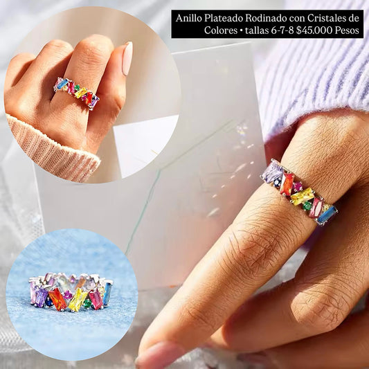 Anillo plateado rodinado con cristales