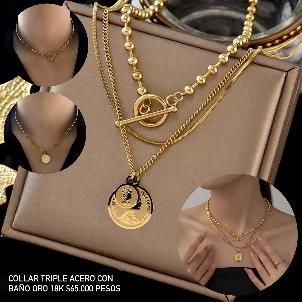 Collar triple acero con baño oro 18k