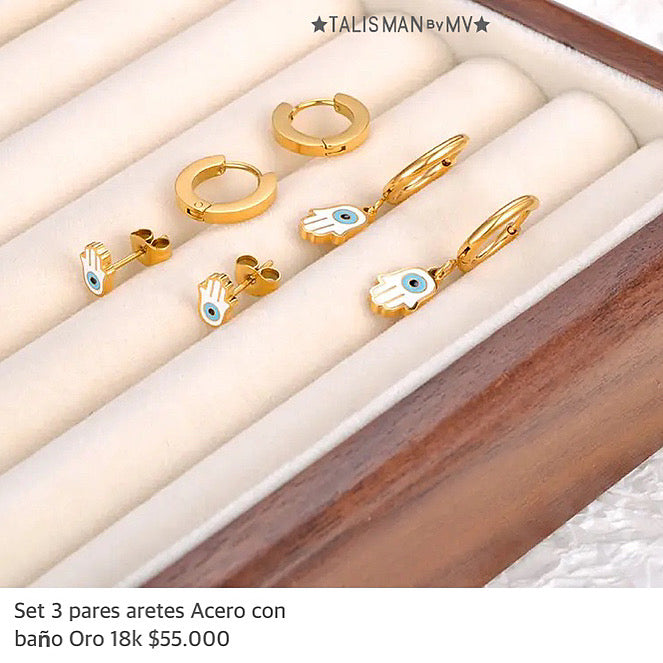 Set 3 pares aretes acero con baño oro 18k