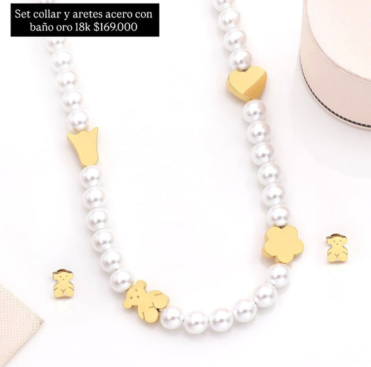 Set aretes y collar acero con baño oro 18k