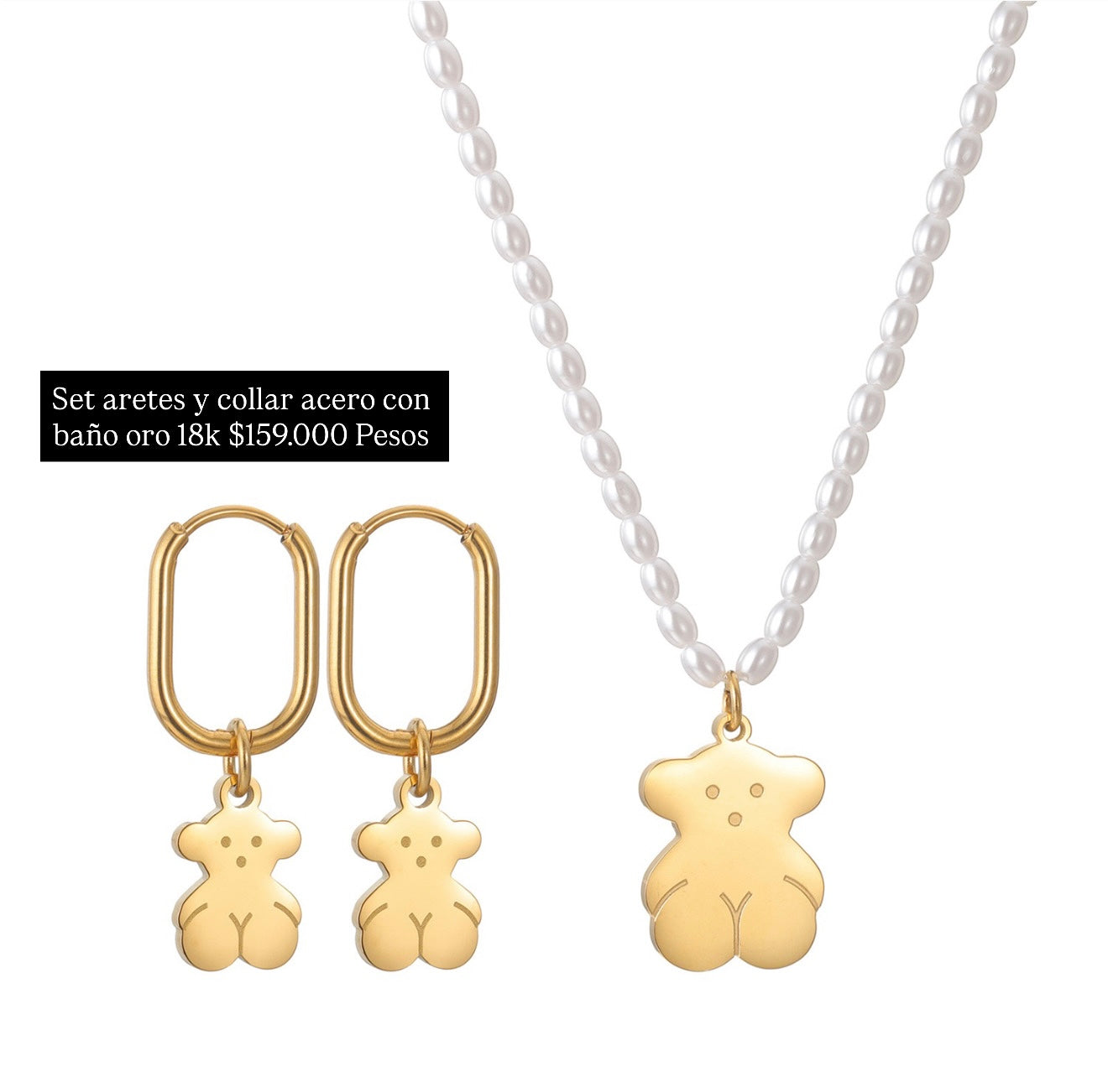 Set aretes y collar acero con baño oro 18k
