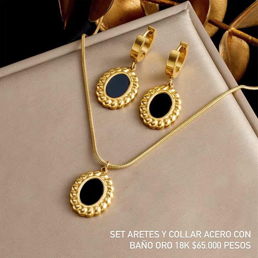 Set aretes y collar acero con baño oro 18k