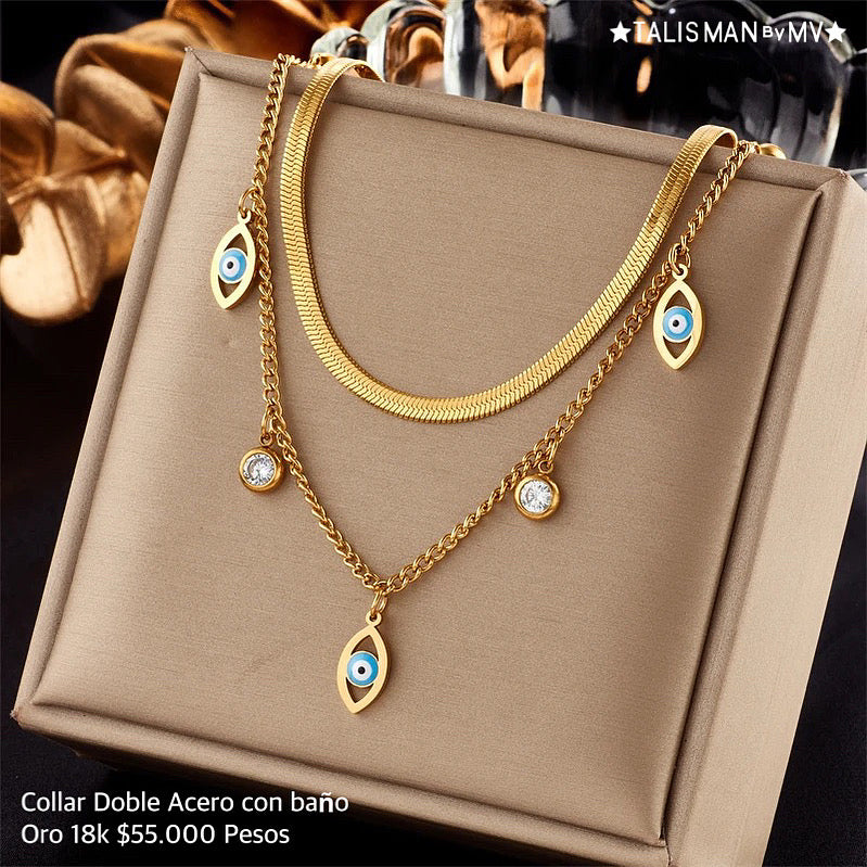 Collar doble acero con baño oro 18k