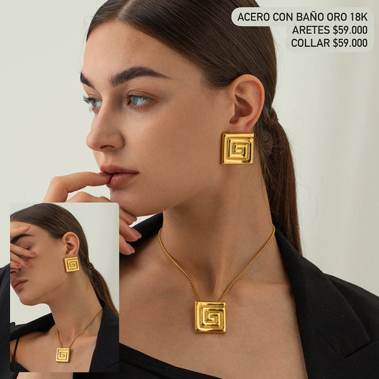 Aretes, collar acero con baño oro 18k