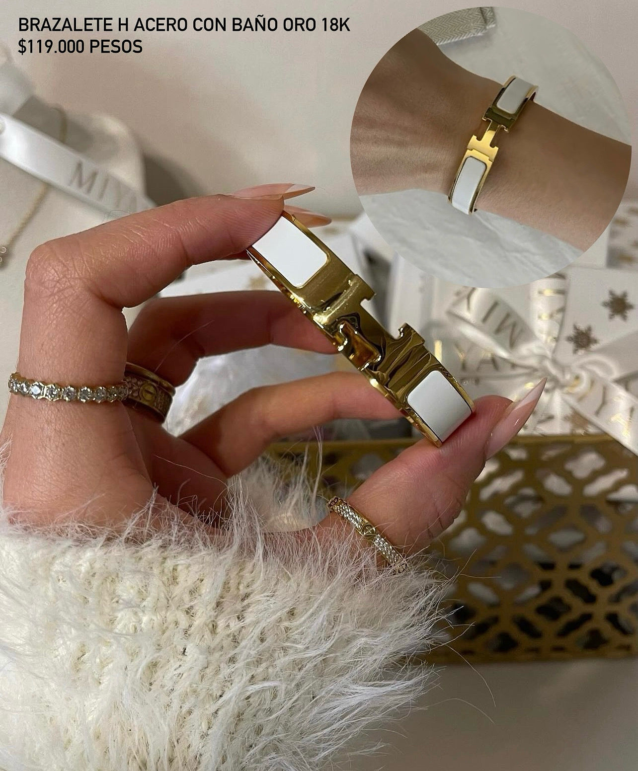 Brazalete acero con baño oro 18k