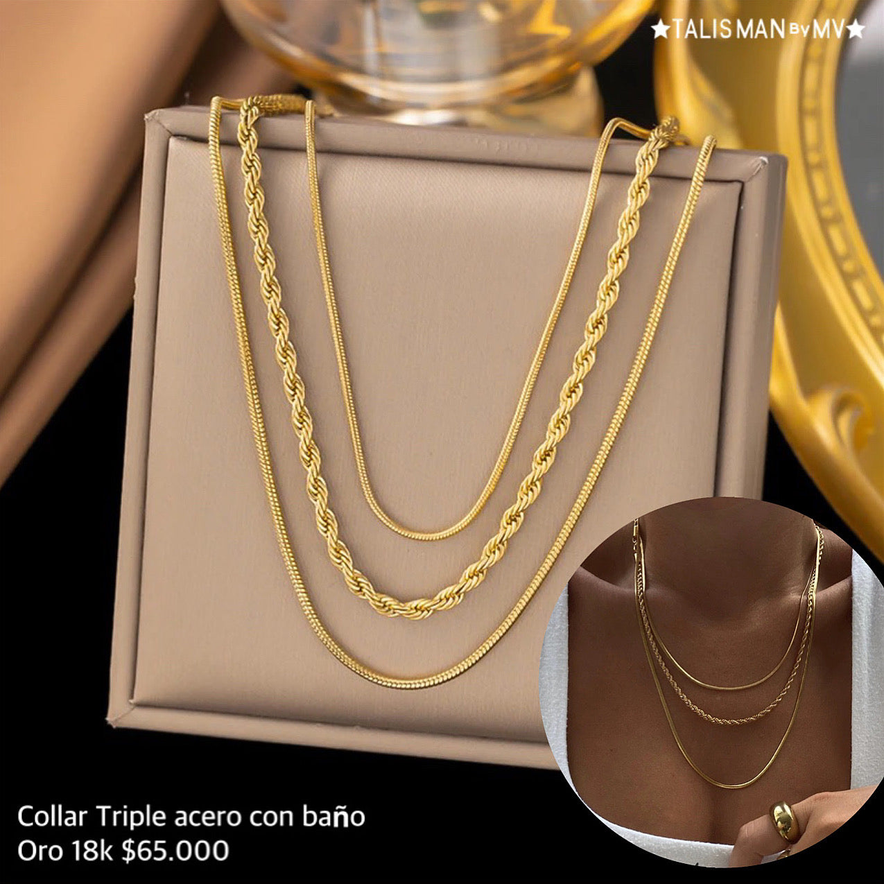 Collar triple acero con baño oro 18k