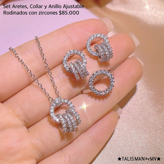 Set aretes, collar y anillo rodinado con cristales