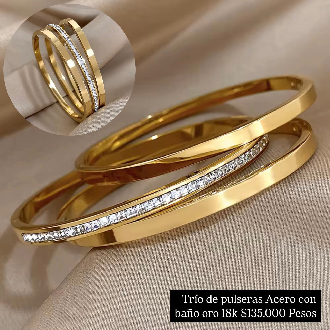 Trío de pulseras acero con baño oro 18k