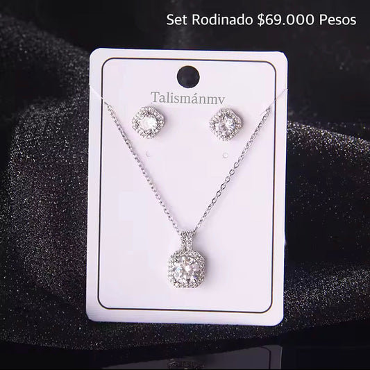 Set aretes y collar rodinado con zircones