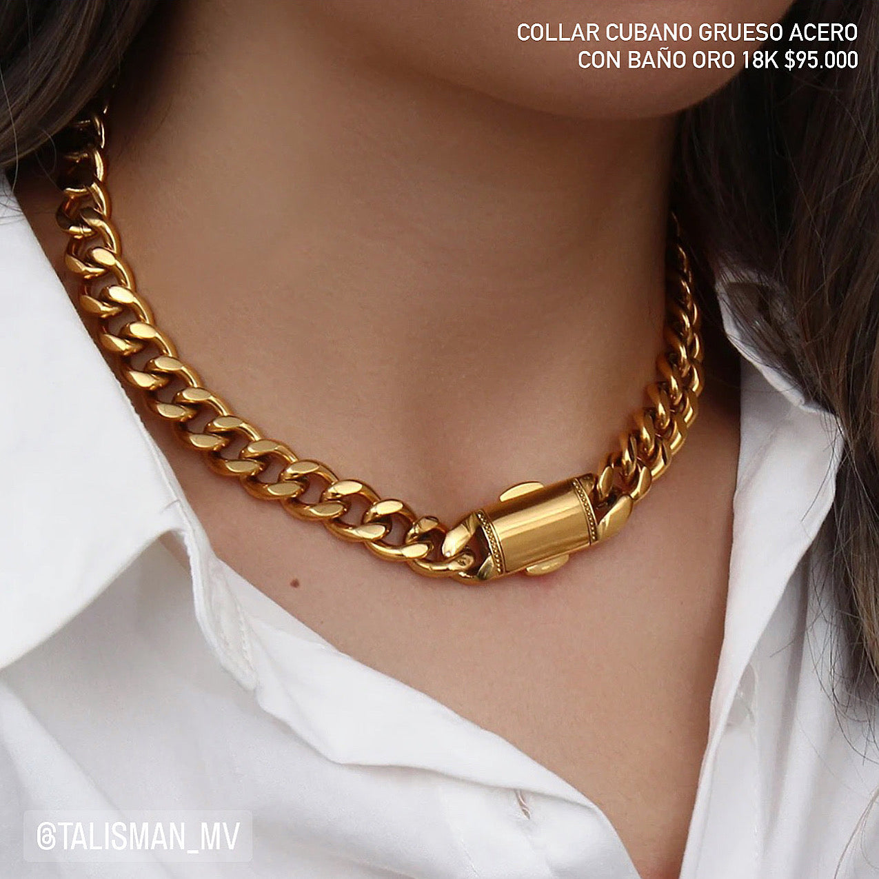 Cubana maciza acero con baño oro 18k