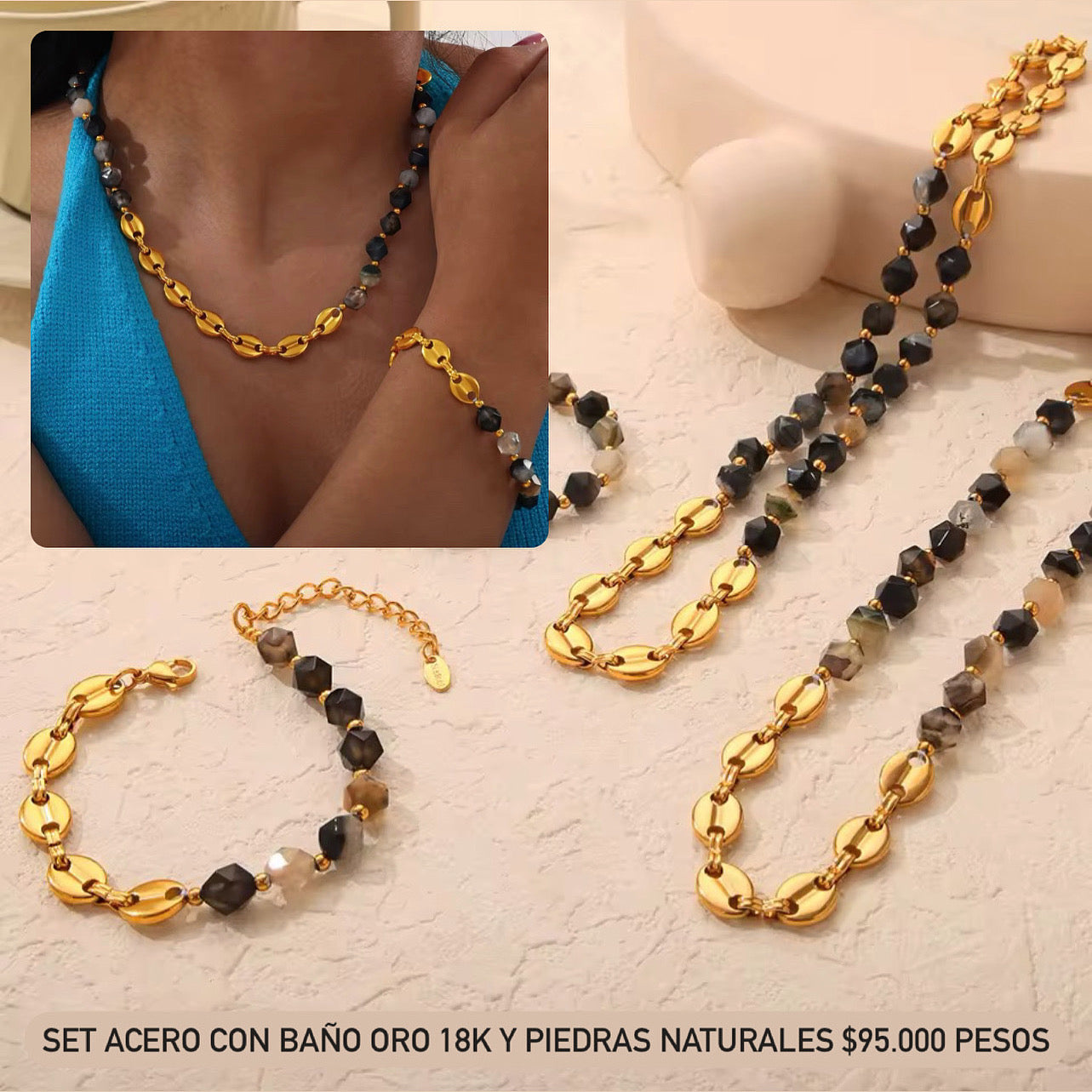 Set acero con baño oro 18k