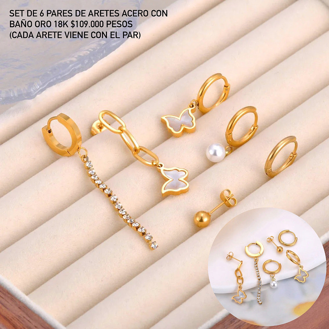 Set de 6 Pares de aretes acero con baño oro 18k