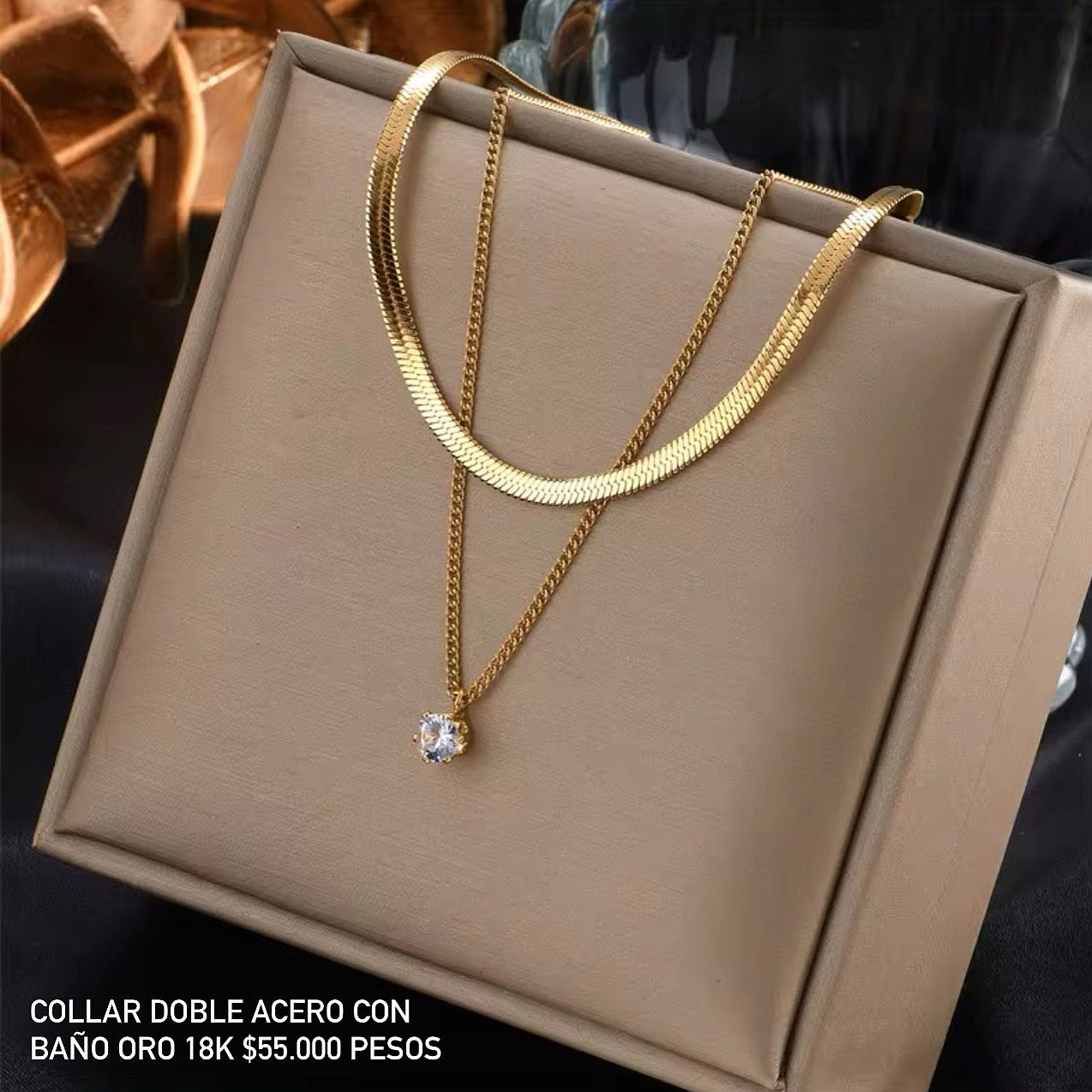 Collar doble acero con baño oro 18k