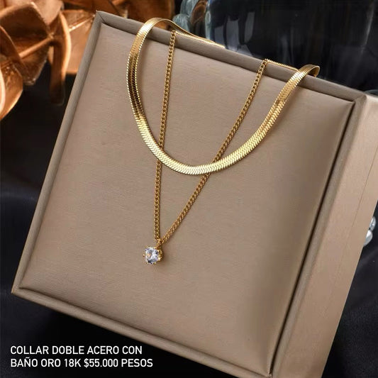 Collar doble acero con baño oro 18k