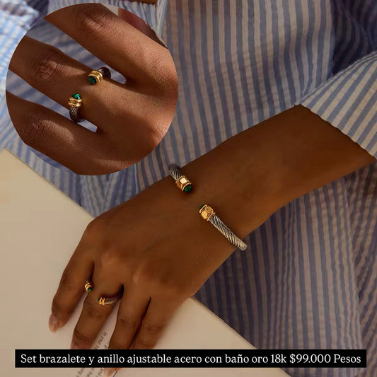 Set pulsera y anillo ajustable acero con baño oro 18k