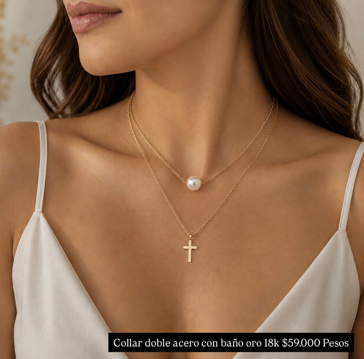 Collar doble acero con baño oro 18k