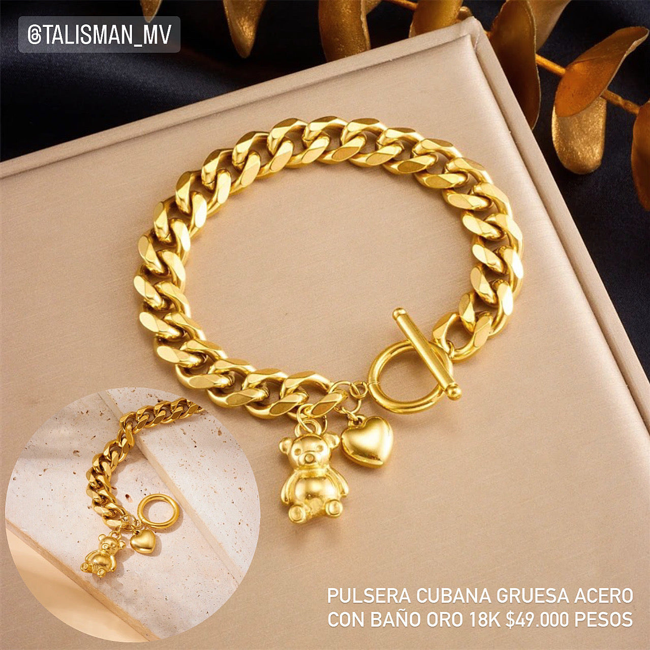 Pulsera gruesa cubana acero con baño oro 18k
