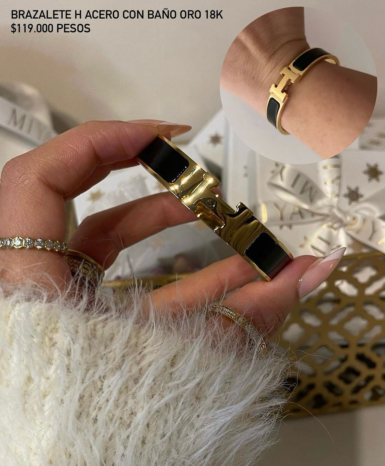 Brazalete acero con baño oro 18k