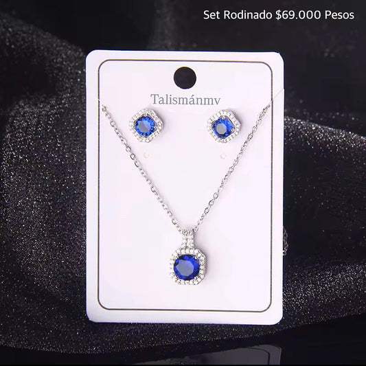 Set aretes y collar rodinado con zircones