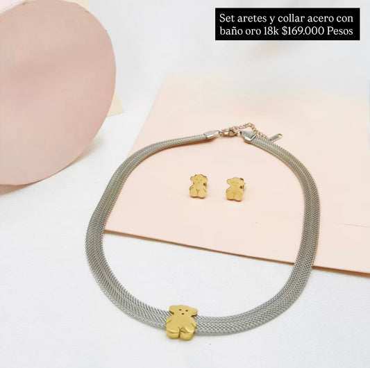 Set aretes y collar acero con baño oro 18k