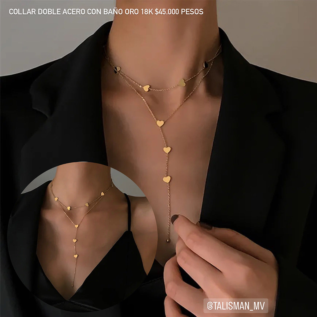 Collar doble acero con baño oro 18k