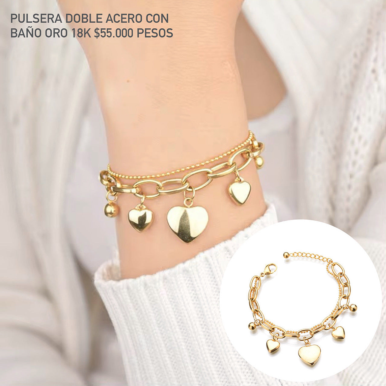 Pulsera doble acero con baño oro 18k
