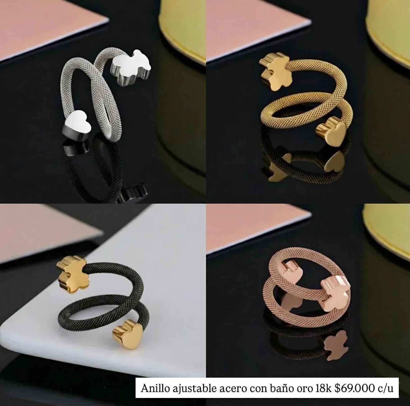 Anillo ajustable acero con baño oro 18k