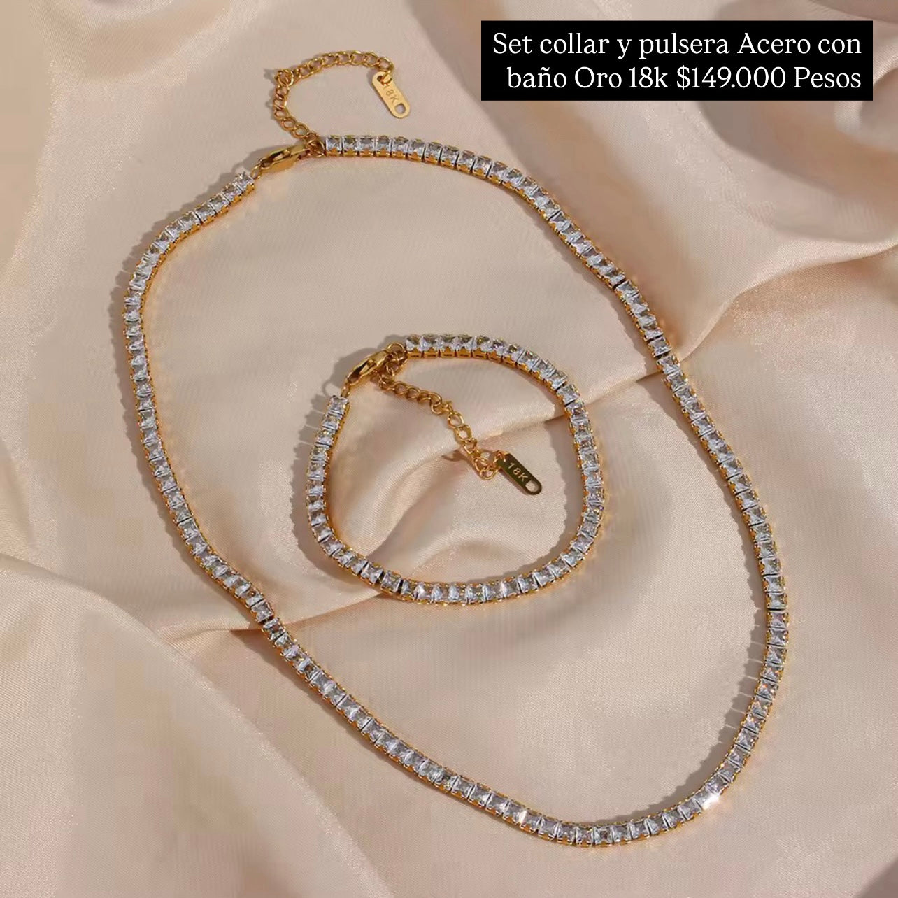 Set pulsera y collar acero con baño oro 18k