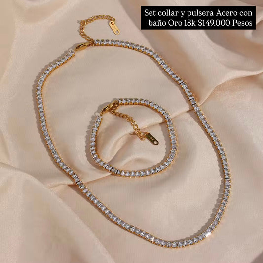 Set pulsera y collar acero con baño oro 18k