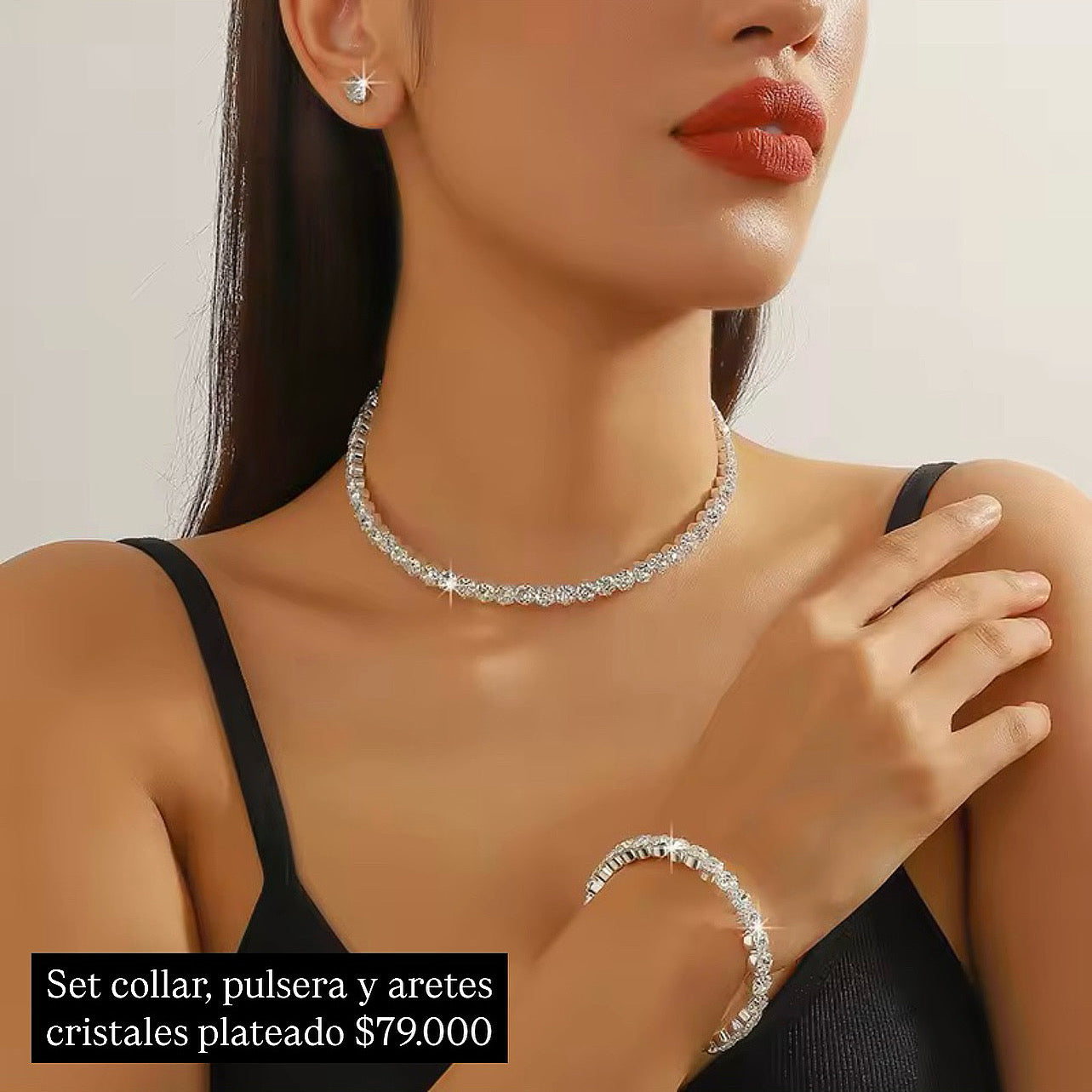 Set aretes, collar y pulsera cristales plateados