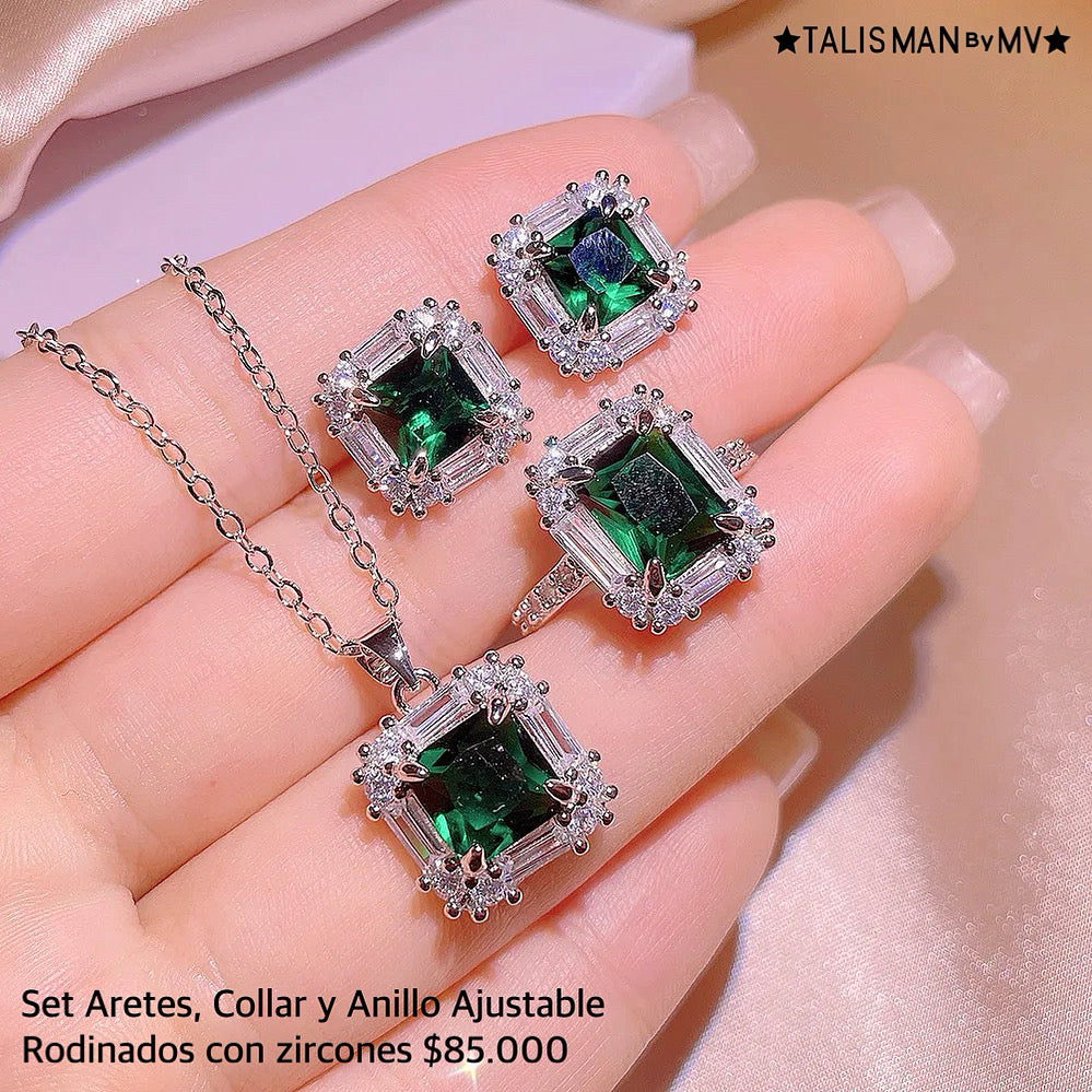Set aretes, collar y anillo rodinado con zircones