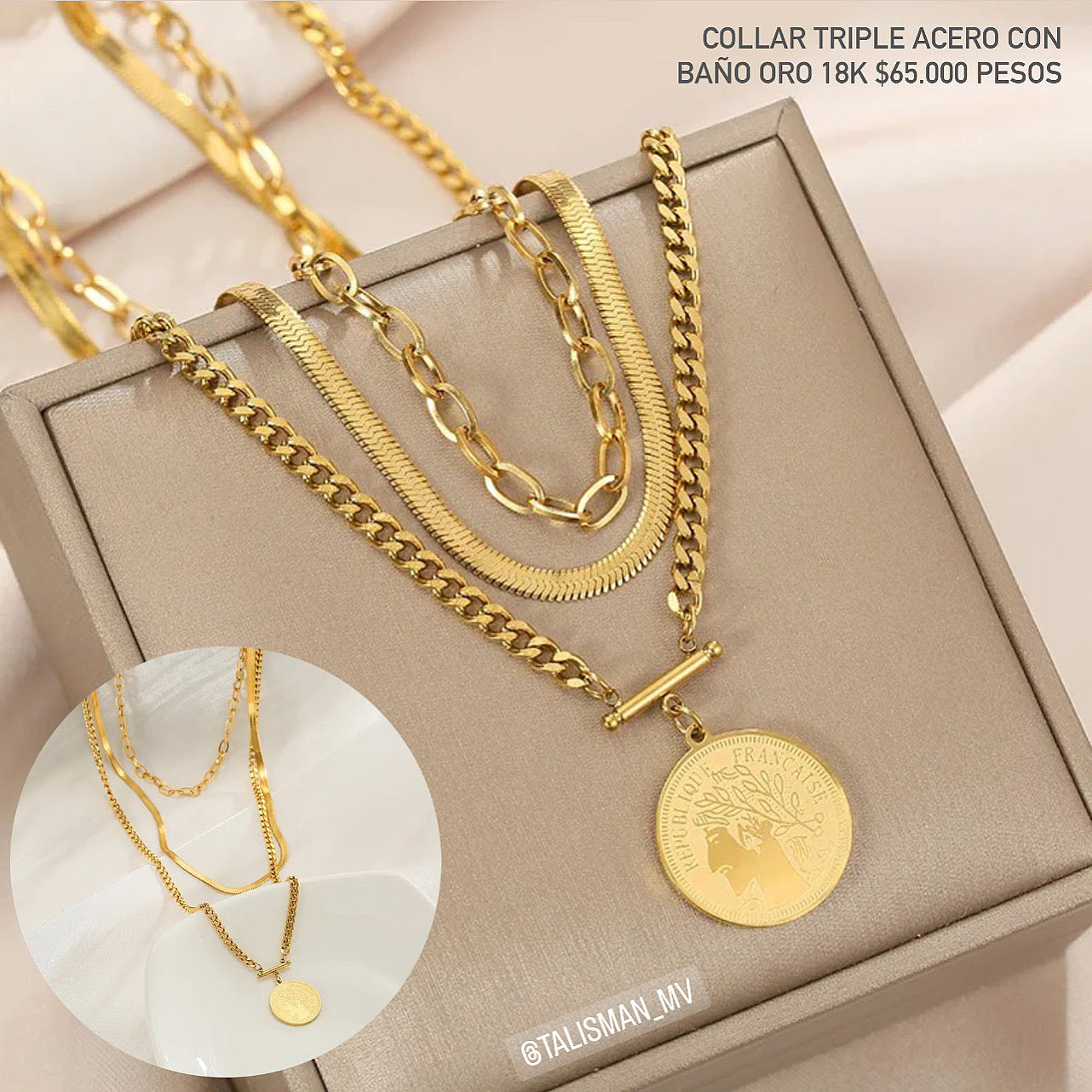 Collar triple acero con baño oro 18k
