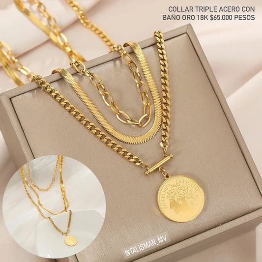 Collar triple acero con baño oro 18k