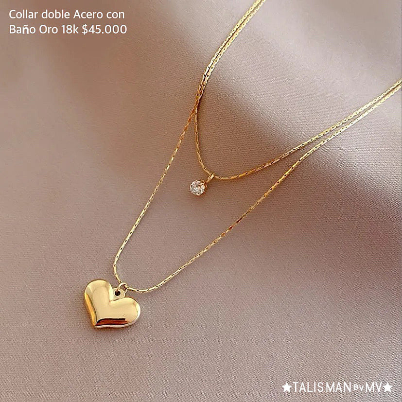 Collar doble acero con baño oro 18k