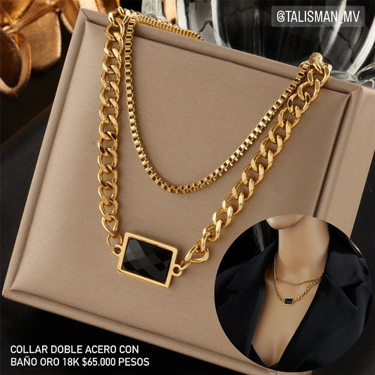 Collar doble acero con baño oro 18k