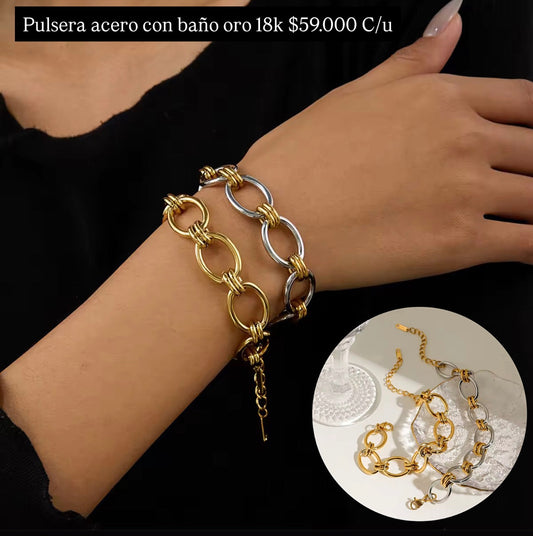 Pulsera acero con baño oro 18k